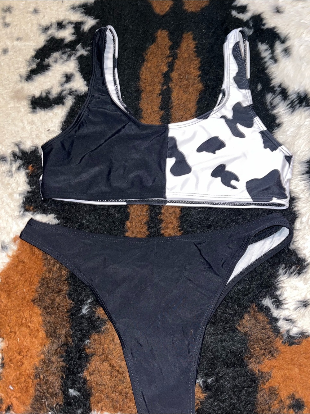 Colorblock Black & White Cow-Print Bikini Set
